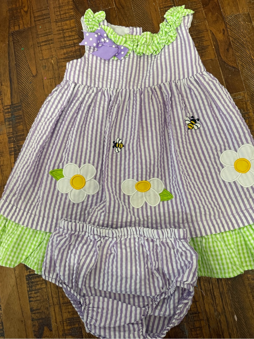 Rare Editions Purple and Green Striped Daisy Dress with Bloomers
